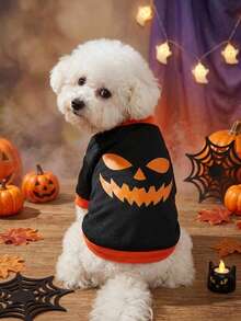 PETSIN 1 Pc Terrifying Pumpkin Halloween Printed Clothes Black Splicing Cat And Dog Warm - Multicolor - View 9