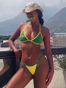Sirith Bonvoyette Summer Beach Deep V Contrast Color Brazilian Element Sexy Bikini Swimwear Set - Green - View 7