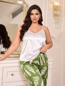 SHEIN Plus Size Satin Camisole + Fresh Botanical Print Pajama Pants 2 Pieces Set - Green - View 3