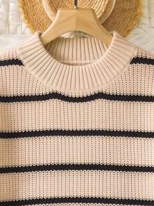 Calvaya Plus Size Striped Print Casual Daily Wear Short Sleeve Knit Top For Summer - Apricot - View 7