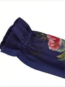 EMERY ROSE 女款花卉印花拼接荷葉邊長袖時尚襯衫，度假穿搭 - 藏蓝色 - 查看 4