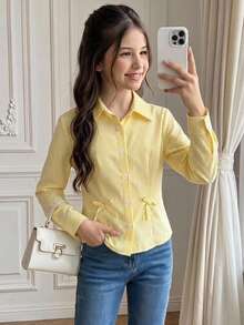 SHEIN Tween Girl Elegant Spring/Summer Woven Bow Decor Striped Shirt, Can Be Worn As Inner Layer Or Outer Layer - Yellow - View 3