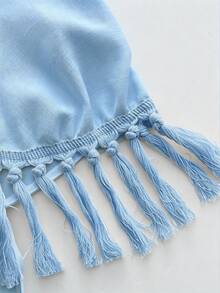 SHEIN Clasi Women's 2 Pieces Set Light Blue Strapless Back Tie Bustier Top Ruffle Trim Elastic Waist Layered Skirt Tropical Boho Beach Vacation Summer Outfit - Blue - View 4