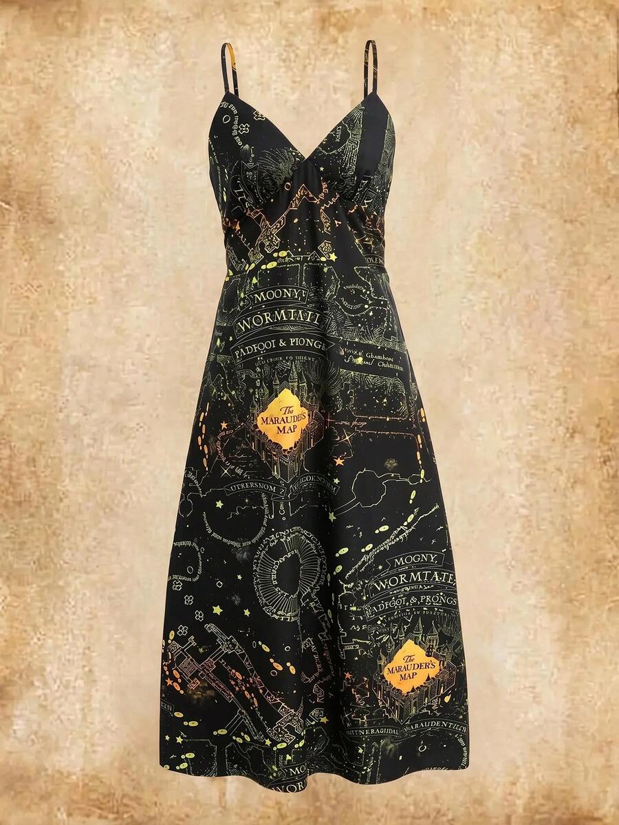 HARRY POTTER X SHEIN Women's Letter Print Casual Party Short Cami Dress - Black - View 1