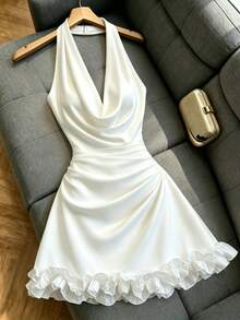 SHEIN Franclia French Sexy Cowl Neck Backless Draped Neck Sleeveless Short Dress For Women - White - View 3