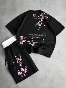 Manfinity Roghcode Spring Casual Cherry Blossom Print Men's T-Shirt & Shorts Set - Black and White - View 2