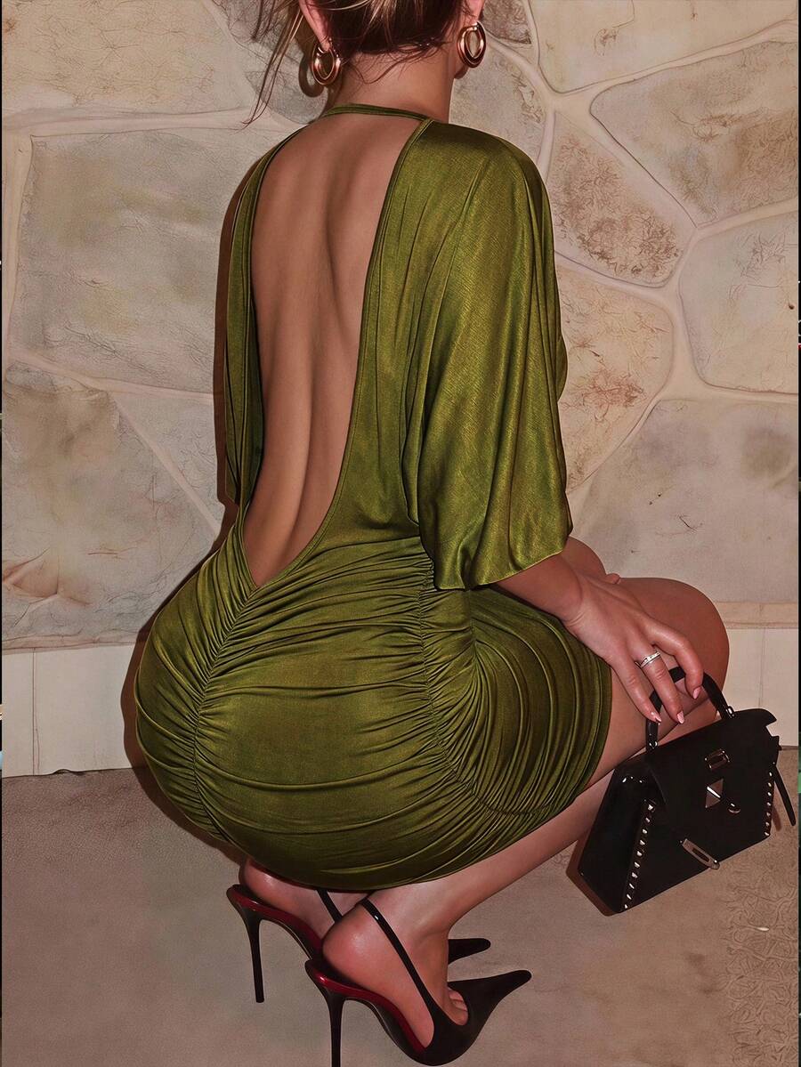 Slaydiva Women's Army Green Batwing Sleeve Backless Ruffled Bodycon Mini Dress - Sexy Party/Nightclub Outfit-B