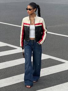 SHEIN EZwear 秋冬拼色PU皮革防風夾克 - 深灰色 - 查看 5