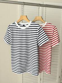 SHEIN BASICS 女款條紋拼色休閒日常夏季T恤 2件/組 - 彩色 - 查看 8