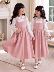Girls Dress, Collar With Exquisite Floral Pattern, Puff Long Sleeves With Cuffed Frill Trim Suspender-Style Patchwork Fall Clothes,Back To School - Multicolor - View 5