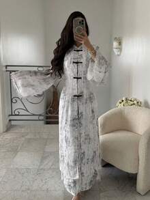 Veilorie Women's Vacation Frog Button Long Sleeve Robe & Long Skirt Arabic Costume Set - Black and White - View 1