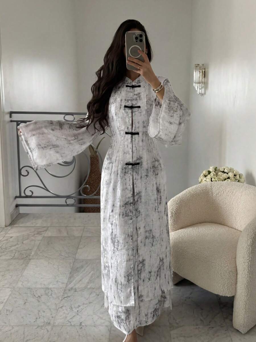 Veilorie Women's Vacation Frog Button Long Sleeve Robe & Long Skirt Arabic Costume Set - Black and White - View 1