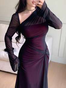 Feyla Petite Women's Elegant Colorblock Mesh Patchwork Asymmetric Collar Dress - Black - View 2