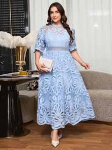 Reflora Plus Size Women's White Lace Midi Dress, Elegant Short Sleeve Summer Dress - Multicolor - View 5