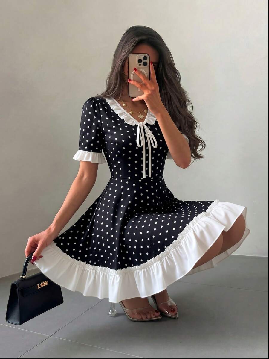 Modelyn 女款拼色拼接波點印花荷葉邊下擺短洋裝，黑白配色，適合早午餐，夏季復古優雅風