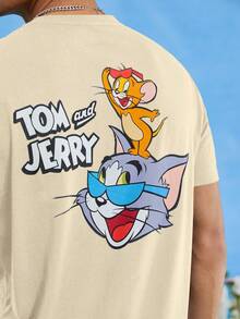 TOM & JERRY X SHEIN 夏季男士1件休閒印花短袖T恤，圖案為卡通與文字 - 黃色 - 查看 4