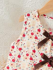 SHEIN Elladie kids 女童新款清新田園風精緻碎花兩件套，粉色蝴蝶結裝飾無袖背心上衣 + 粉色紋理布料寬腿長褲，甜美可愛時尚休閒套裝，夏季 - 棕色 - 查看 9