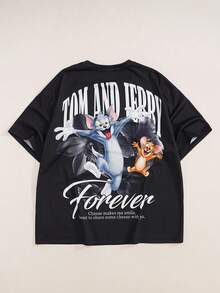 TOM & JERRY X SHEIN Men's Slogan Print Crew Neck Short Sleeve Casual T-Shirt - Black - View 1