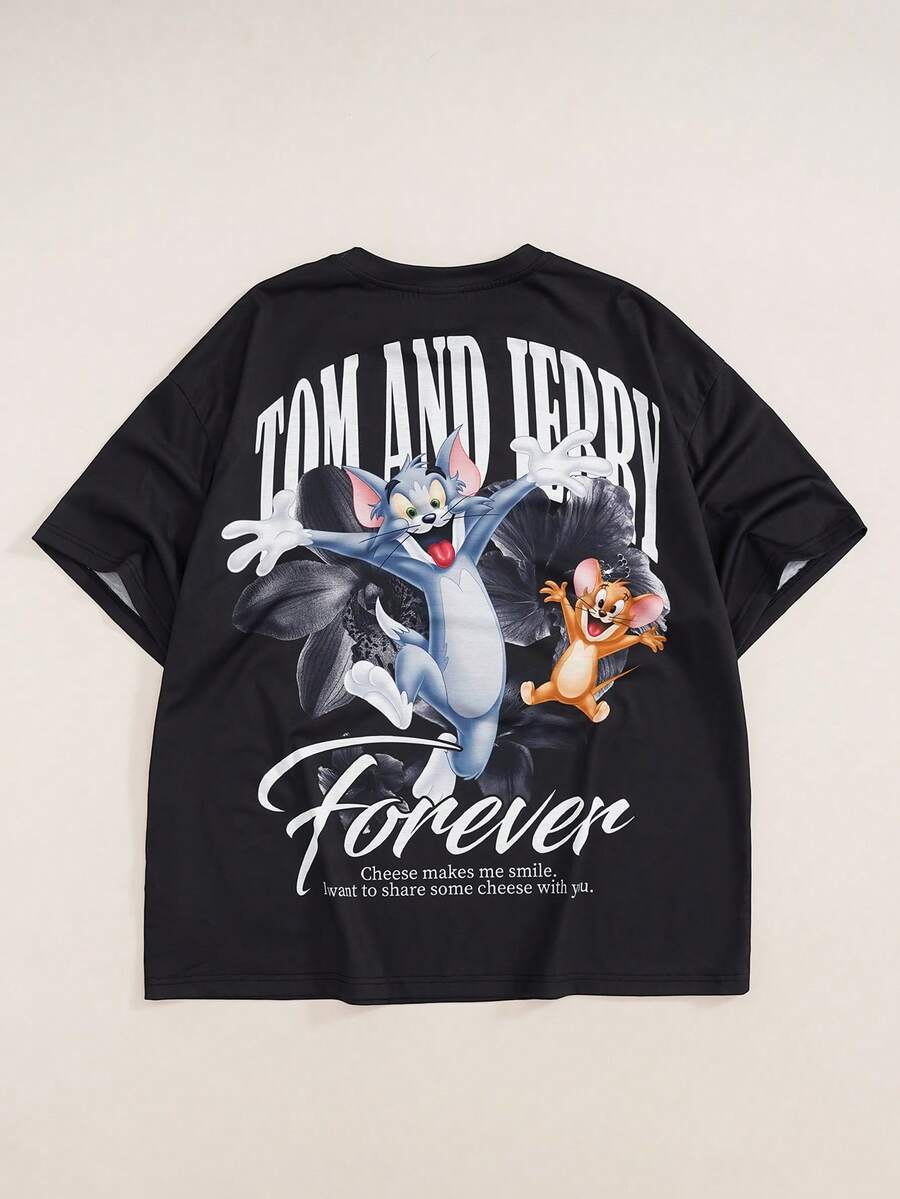 TOM & JERRY X SHEIN Men's Slogan Print Crew Neck Short Sleeve Casual T-Shirt - Black - View 1