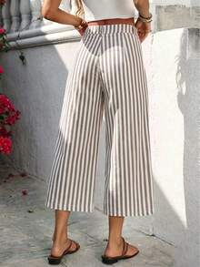 SHEIN Holidaya 女款休閒度假亞麻七分褲，休閒、海灘、居家、亞麻 - 卡其色 - 查看 2