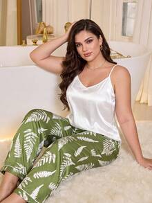 SHEIN Plus Size Satin Camisole + Fresh Botanical Print Pajama Pants 2 Pieces Set - Green - View 1