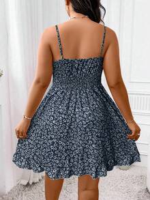 Elenzga Plus Ditsy Floral Print Tie Front Ruffle Hem Cami Dress Vacation Beach Outfits Women - Navy Blue - View 2