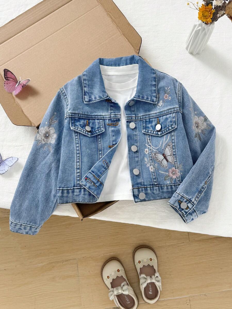 SHEIN 兒童少女 Y2K 基本款蝴蝶珍珠圖案藍色寬鬆牛仔外套，秋冬款，適合返校季、節慶