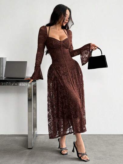 SHEIN PETITE Gaun Midi Lengan Lonceng dengan Hiasan Renda Elegan untuk Wanita, Musim Panas