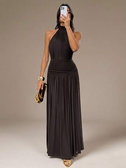 SHEIN Tall Autumn/Winter Solid Color Halter Neck Ruched Sexy Backless Maxi High Slit Elegant Dress,