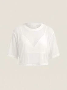 SHEIN BASICS 大尺碼女款純色圓領短袖短版背心上衣，白色，適合約會之夜、正式場合、度假、晚宴，夏季性感休閒風 - 白色 - 查看 9