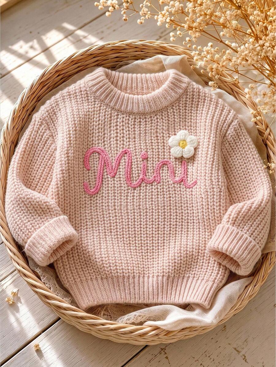 SHEIN Baby Girl Knit Solid Color Letter Pattern 3D Floral Casual Cute Baby Fairy Sweater Family Matching Photoshoot Pastel Pink Autumn - Beige - View 1