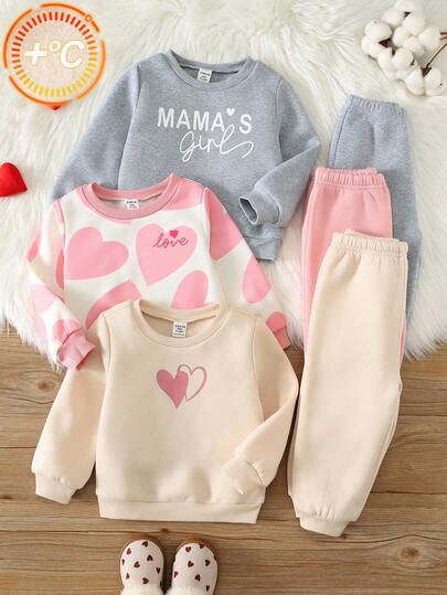 6pcs Baby Girl Autumn/Winter Casual Cute Versatile Knitted Printed Pattern Long Sleeve Sweatshirt & Pants Set, All-Match Sweatshirt Set, Heart Set, Autumn/Winter Set