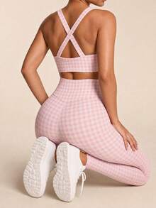 SHEIN BAE Women's Casual Sports Plaid Print Tank Top & Pants Set Perfect Airport Outfit Suitable For Tennis Yoga Studio Pilates Daily Wear Cute Summer Outfits Festival Outfits Beach Outfits Sea Going Out Outfits Women's Gym Clothes Gym Female Gym Set Casual Sets Holiday Outfits Vacation Sportswear Workout Sets Pink Plaid Pattern - Pink - View 3