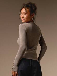 COSMINA Women's Casual Elegant Agate Button Light Brown Knit Top - Coffee Brown - View 2