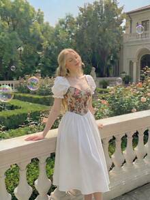 SHEIN MOD 女款夏季優雅提花拼接長洋裝 - 白色 - 查看 2