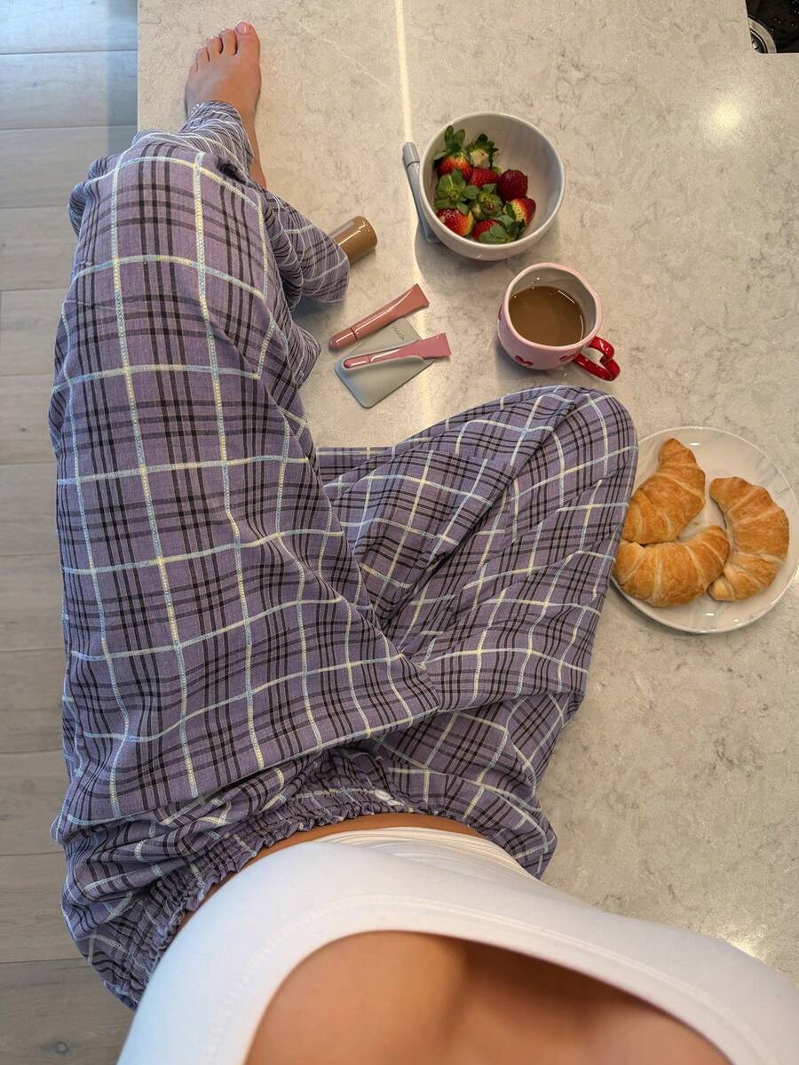 Livesso Pantalones de pijama a cuadros para mujer - Morado - Ver 1