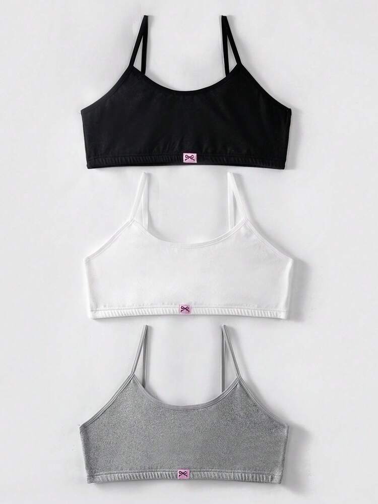 3pcs/Set Girls Big Tween Girl Black White Grey Bow Fabric Label Minimalist Sweet Comfortable Camisole Undershirt - Multicolor - View 4