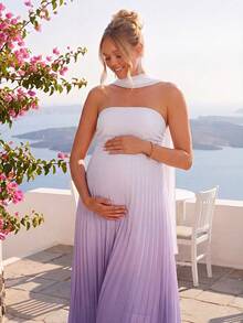 Loomaby Vestido elegante sin tirantes con degradado de color y bajo plisado para maternidad - Morado - Ver 6