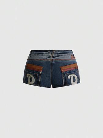 Grunge Punk Pantaloncini di jeans mini a vita ultra bassa con patchwork a contrasto e ricamo, stile retrò Y2K estivo per ragazza audace