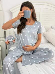 Moonlight&Mama Spring/Summer Fashion Light Gray & White Contrast Heart Print Short Sleeve Long Pants Maternity Pajama Set - Grey - View 1