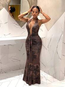 Slaydiva New Summer/Fall Women's Halter Neck Backless Ruched Deep V-Neck Mermaid Dress/Elegant/Party/Festival/Vacation/Concert/Rave/Wedding Guest/Brown Floral - Rust Brown - View 7