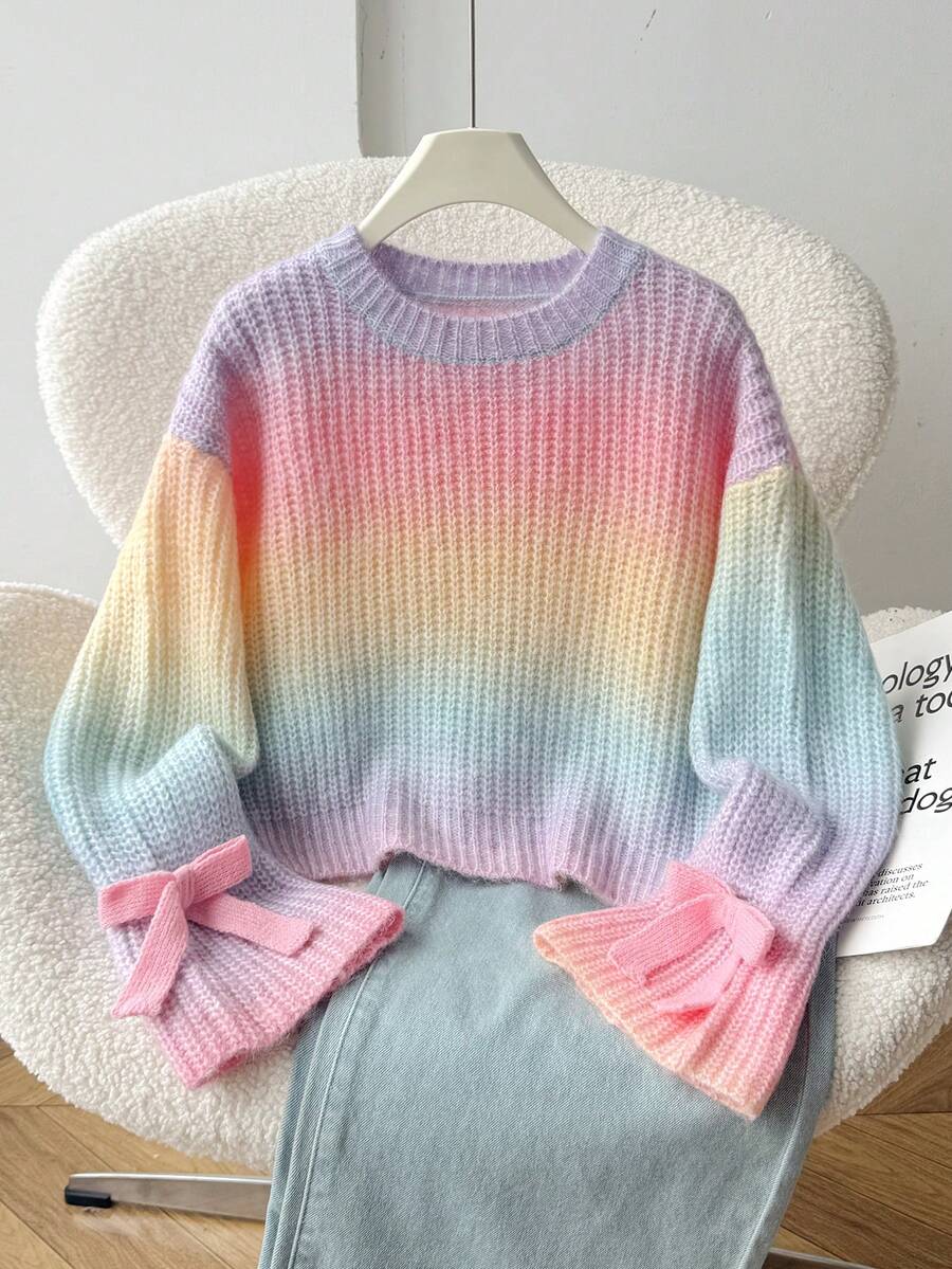 SHEIN 青少年女孩針織漸層圓領喇叭袖寬鬆休閒毛衣 秋冬款 - 彩色 - 查看 1
