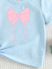 Elladie kids 女童時尚清新極簡風粉色蝴蝶結與愛心圖案印花休閒基礎款短袖T恤 - 藍色 - 查看 7