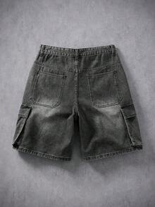 Manfinity Denimwave 男士休閒日常牛仔工裝短褲，附口袋與鈕扣設計 - 淺灰色 - 查看 2