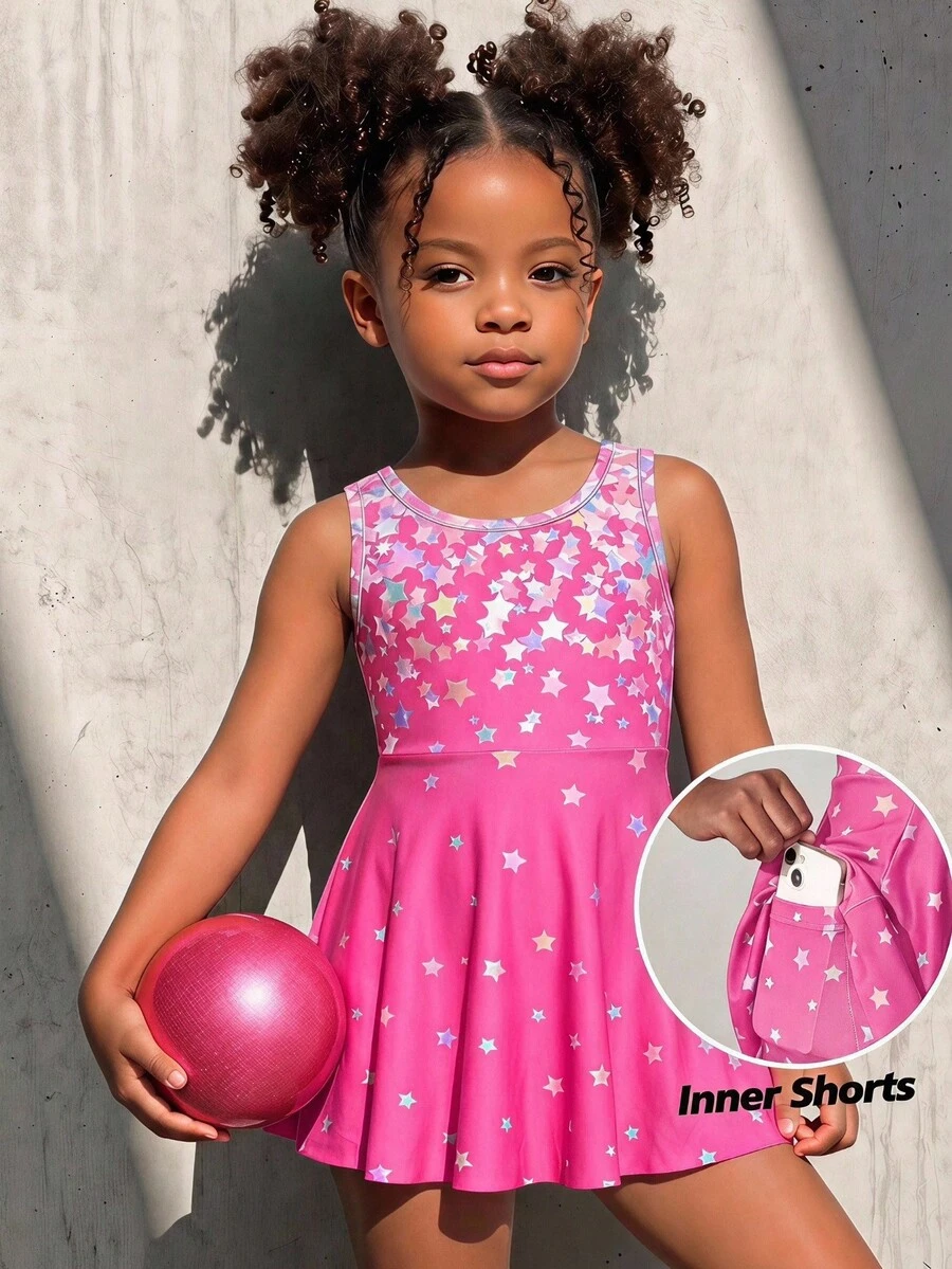 SHEIN Young Girl Knit Star Pattern Round Neck Sleeveless Sports Top - Pink - View 1