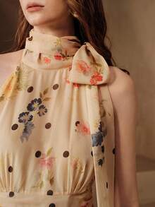 Arave Floral Polka Dot Print Halter Neck Cinched Waist Asymmetrical Hem French Casual Romantic Elegant Design Long Dress Wedding Party Garden Beige Summer - Apricot - View 3
