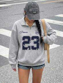 SHEIN EZwear 女士返校季复古图案23号，复古秋季假日宽松半拉链高领抓绒卫衣，适合秋冬季穿着 - 白色 - 查看 4