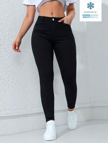 SHEIN ICON 女式口袋紧身休闲百搭牛仔裤 - 黑色 - 查看 1