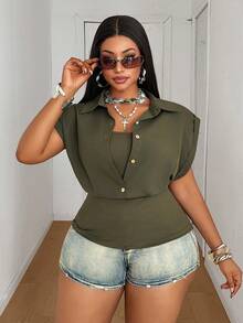 Maweii Women's Plus Size Casual 2-In-1 Dark Green Shirt With Inner Tank Top, Wooden Button Decor, Wide Design, Fashionable Versatile Plus Size Dark Green Shirt For Party, Night Date, Romantic Date, Vacation, Daily Wear, Slimming And Flattering, Versatile Plus Size Shirt - Army Green - View 4