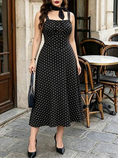 Auvina Plus Size Polka Dot Tied Front Summer Casual Chic Cami Dress